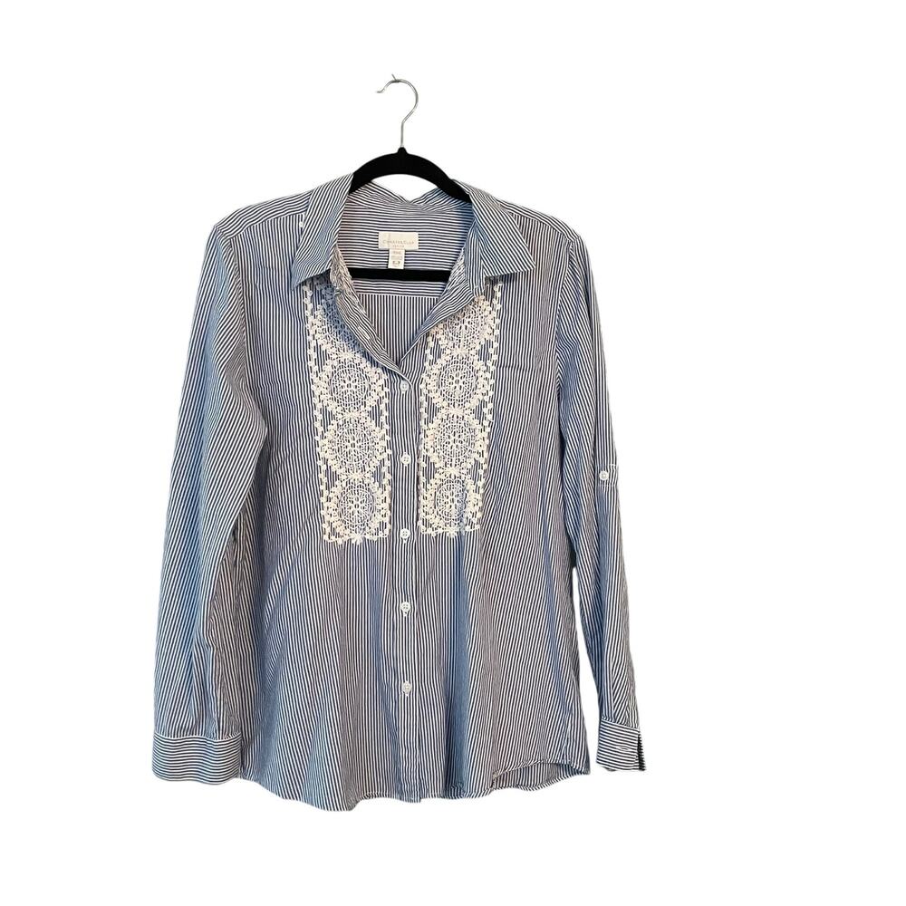 Charter Club Striped Blouse Blue Women's PXL Embroidered Button Up Shirt